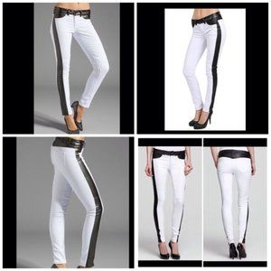 White Skinny Jeans with Black Faux Leather Trim